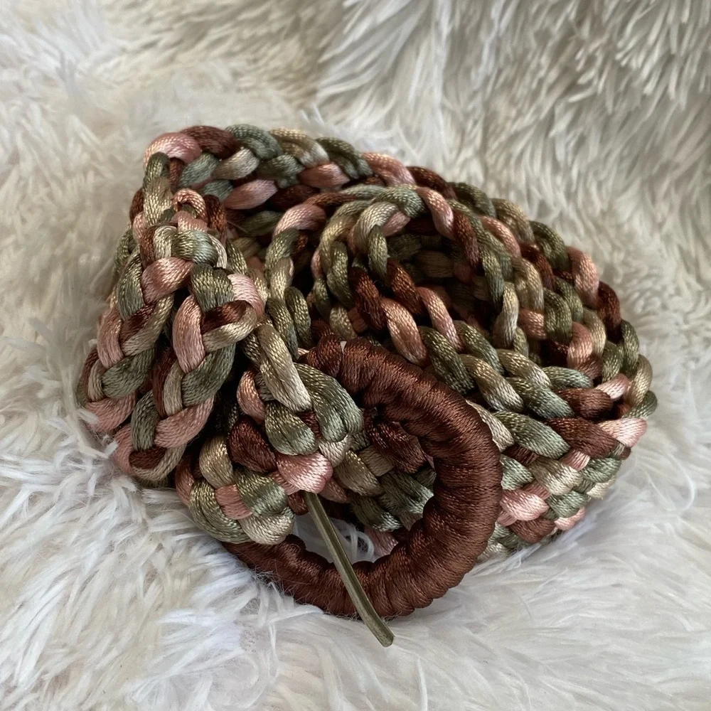 Pink, brown and green braided large buckle braided belt